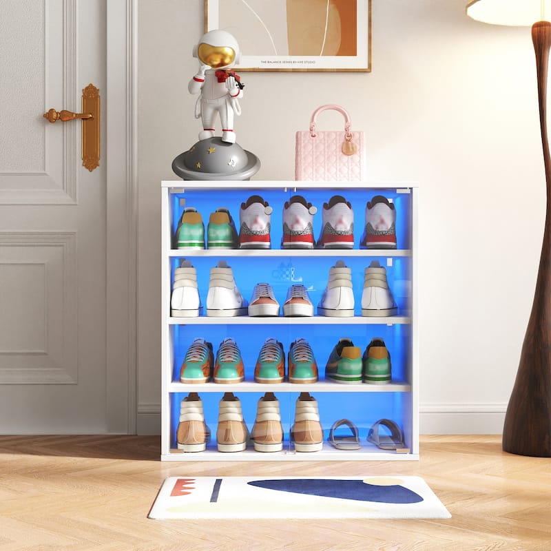 LED Sneaker Storage for Up to 12 Pairs of Shoes, 4 Layers Showing Shoe Rack with Thick Glass Door, Clear Shoe Boxes Stackable - White
