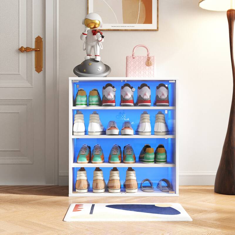 Roomfitters 4-Tier Shoe Display Cabinet, Stackable Wooden Shoe Storage Box with Glass Door and RGB LED Light