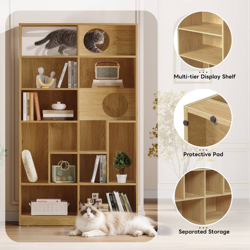 Roomfitters Modern 2 in 1 Wood Bookshelf Cat House, Cat Tree Display Storage Shelf with Litter Box Enclosure