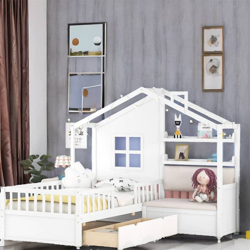 Twin Size Kids Platform Bed with Sofa and Storage Shelf