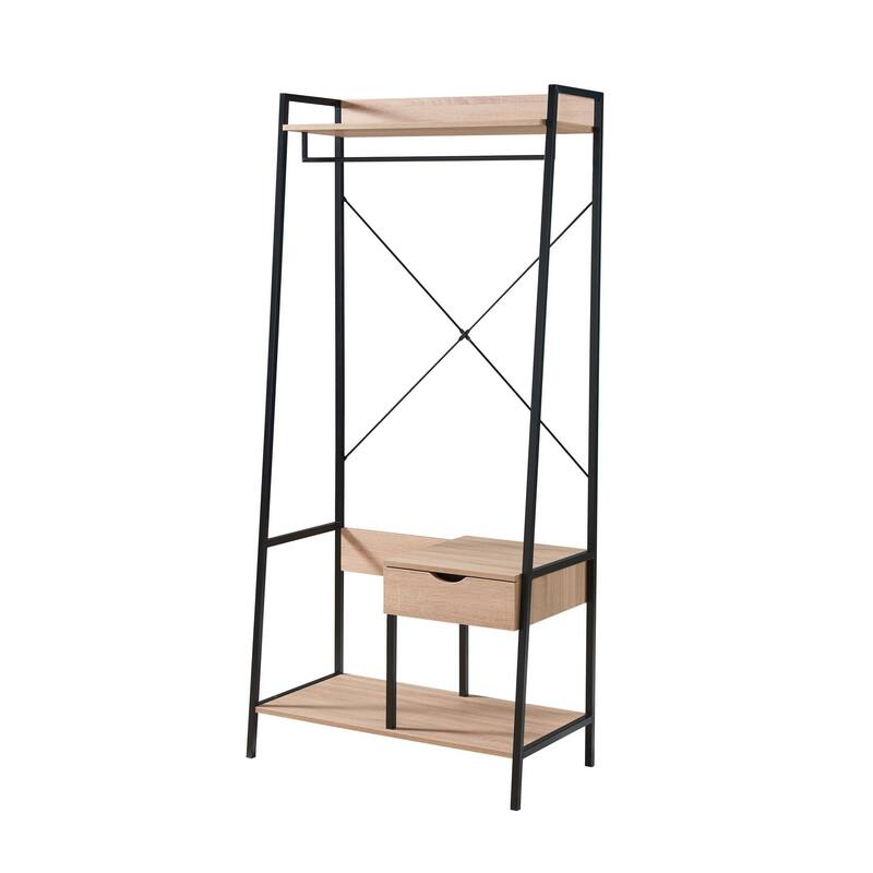 Bery 71 Inch Clothing Rack, 1 Drawer, Hanging Rod, Open Shelf, Brown, Black
