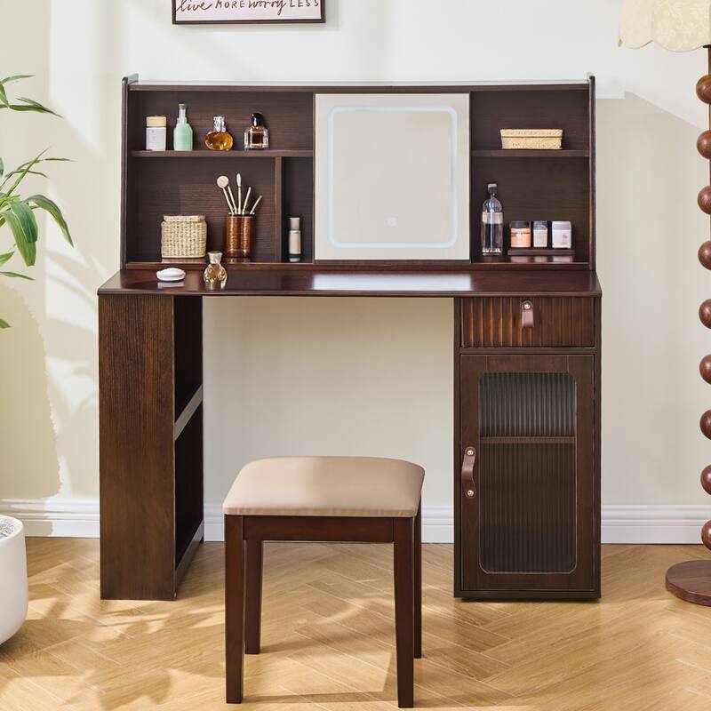 Mid-Century Modern Makeup Vanity Desk Set Includes Dressing Table & Stool, Sliding Makeup Mirror with 3-Color LED Light, Walnut