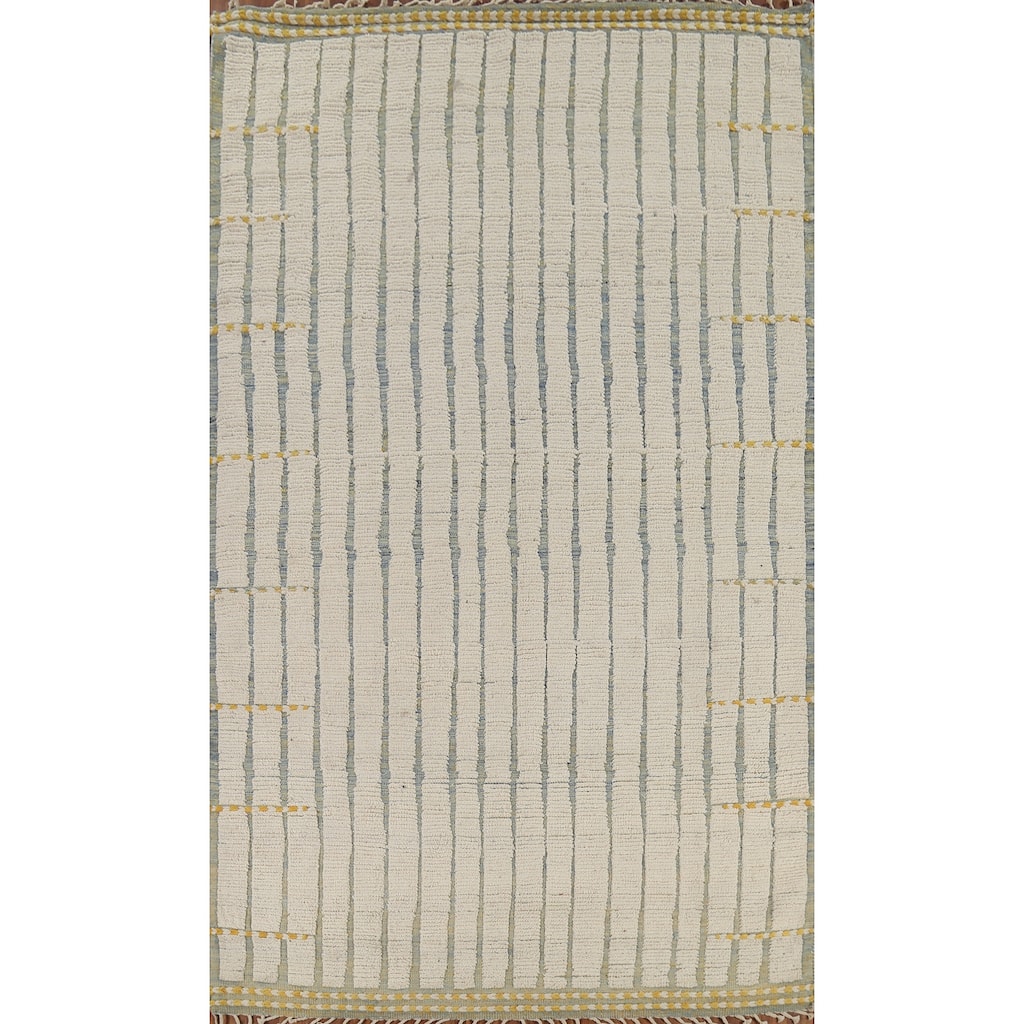 Ivory Striped Moroccan Area Rug Handmade Wool Carpet - 6'2"x 10'4"