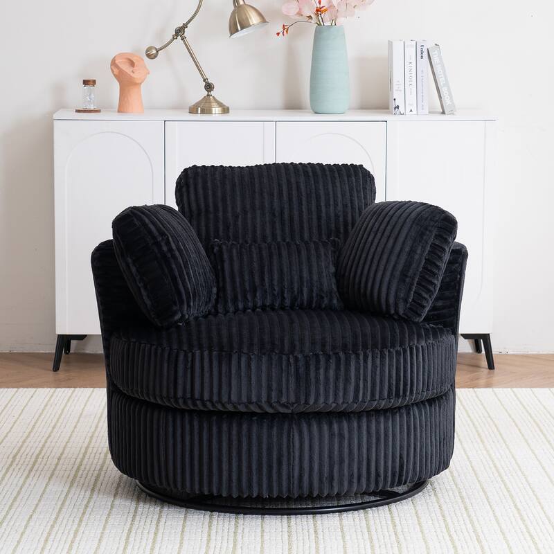 360 Degree Rotation Swivel Chair Corduroy Barrel Chair for Living Room with Pillows - Black
