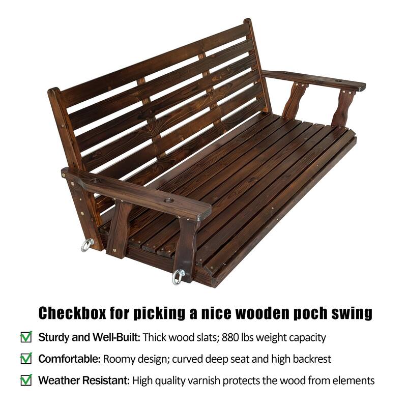 Wooden Porch Swing with Hanging Chains and 7mm Springs Heavy Duty 800 LBS for Outdoor Patio Garden Yard