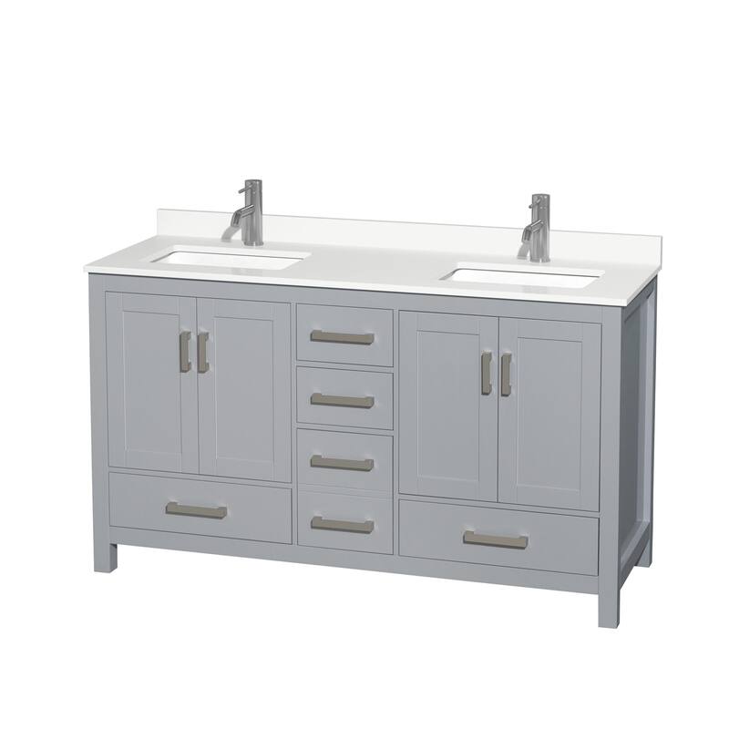 Sheffield 60-inch Double Vanity, Single Hole Quartz Top - Gray, Chrome Trim, White Quartz Top