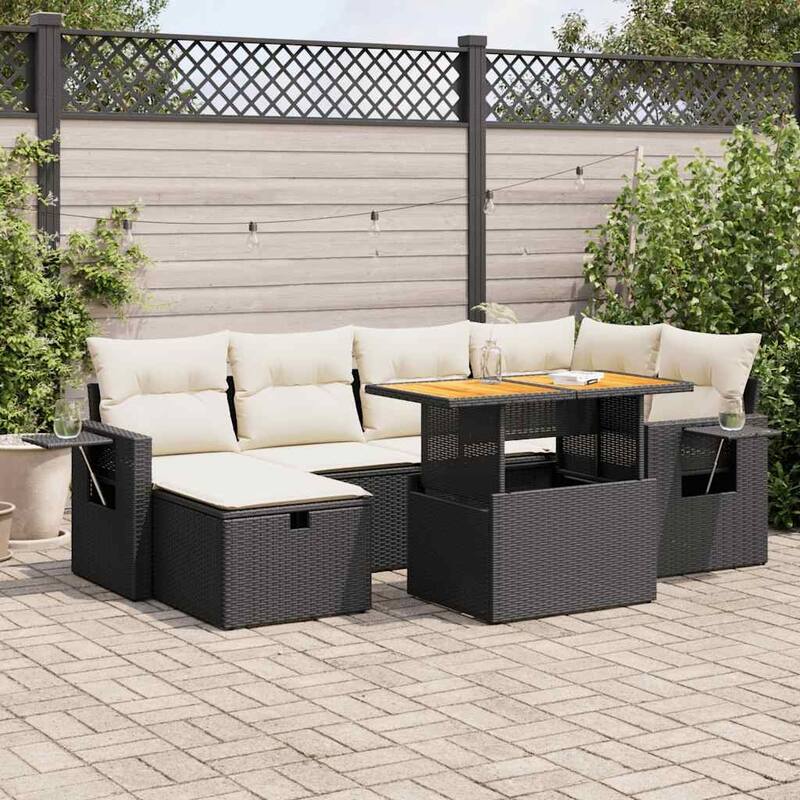 vidaXL Patio Sofa Set with Cushions Outdoor Conversation Furniture Poly Rattan - 21.7 x 39.4 x 28.7 - Black and Cream-with storage