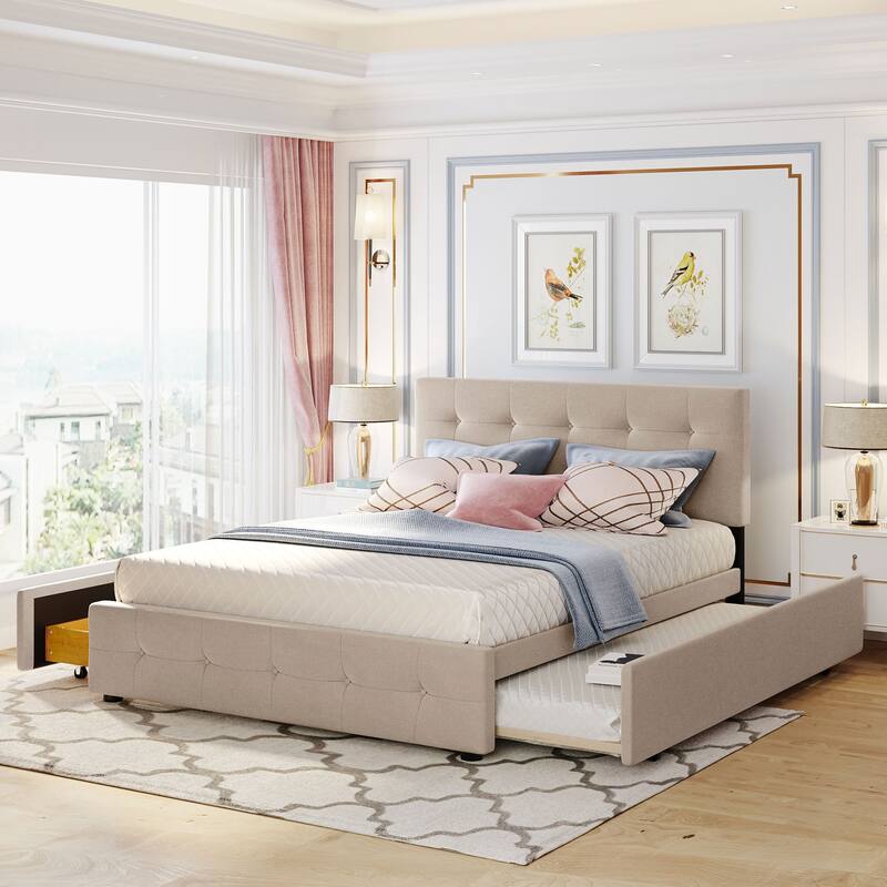 Queen Size Upholstered Platform Bed with 2 Drawers & Twin XL Trundle