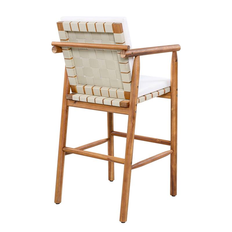 Roomfitters Set of 2 Outdoor Bar Stools with Beige Cushions, Natural Wood High Chairs for Patio Balcony Kitchen, Natural