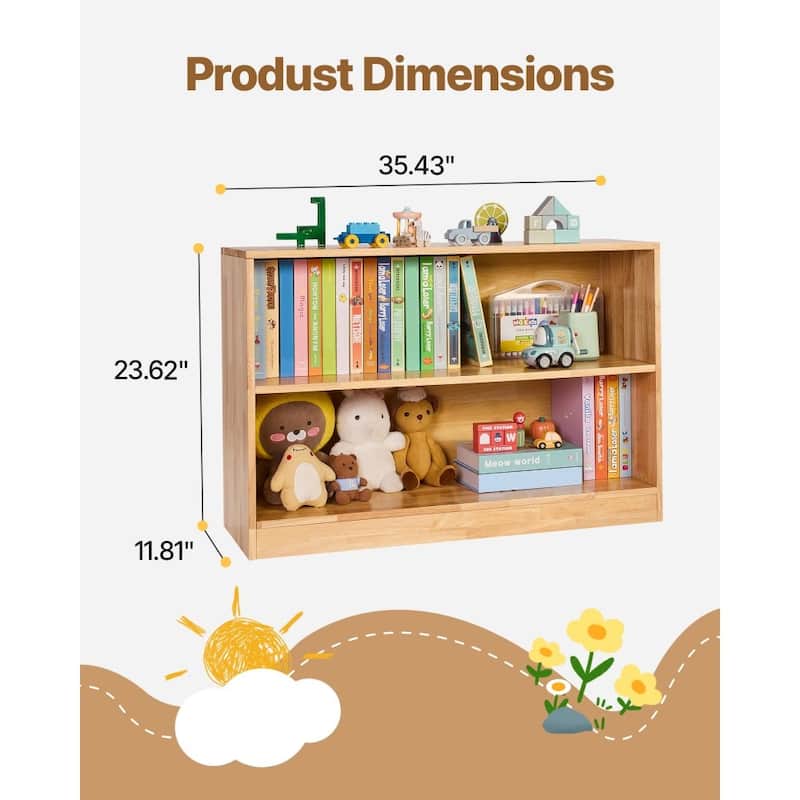 Brown Wooden Montessori Bookshelf with 2 Compartments and Top Storage - 35.43 x 11.81 x 23.62 in