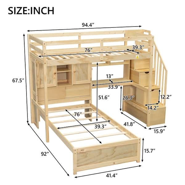 dimension image slide 0 of 2, Twin over Twin Loft Bed with Built-in Desk and Staircase, With Storage Compartments and Shelves