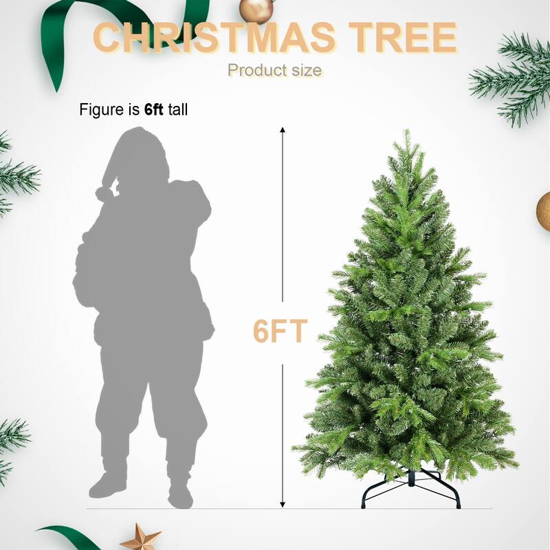 6FT Christmas Tree with 1032 PE+PVC Tips - Full-Bodied Holiday Tree with Hinged Branches,Metal Stand,Green Xmas Decoration