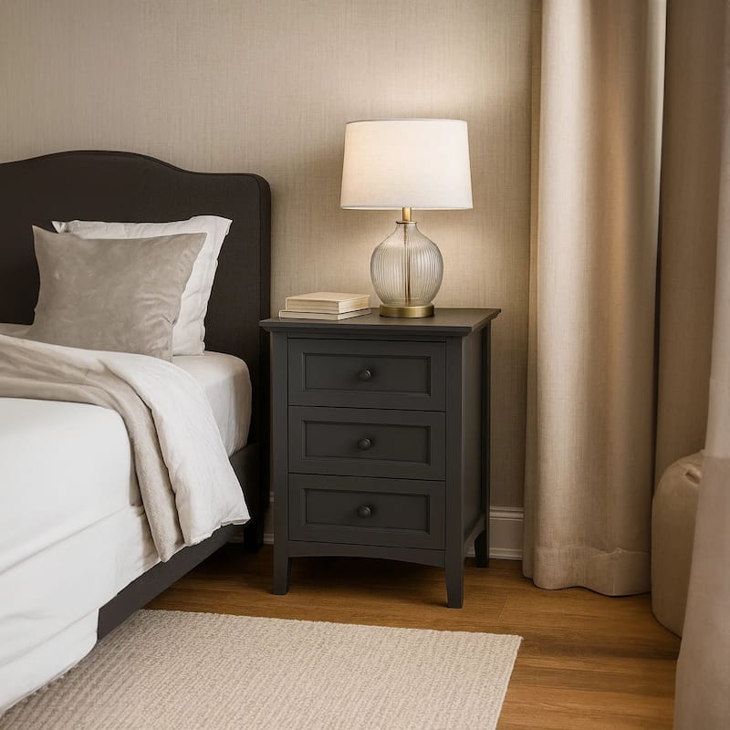 Fritz 30 Inch Bedside Nightstand, 3 Drawer, Round Handles, Black Solid Wood