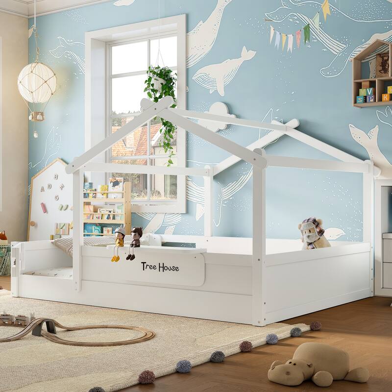 Kids House Floor Bed with Guardrails, Roof & Built-in Tray - Queen/Full/Twin Size, Childlike Design