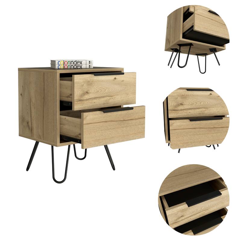 Light Oak Nightstand with Hairpin Legs and Two Drawers