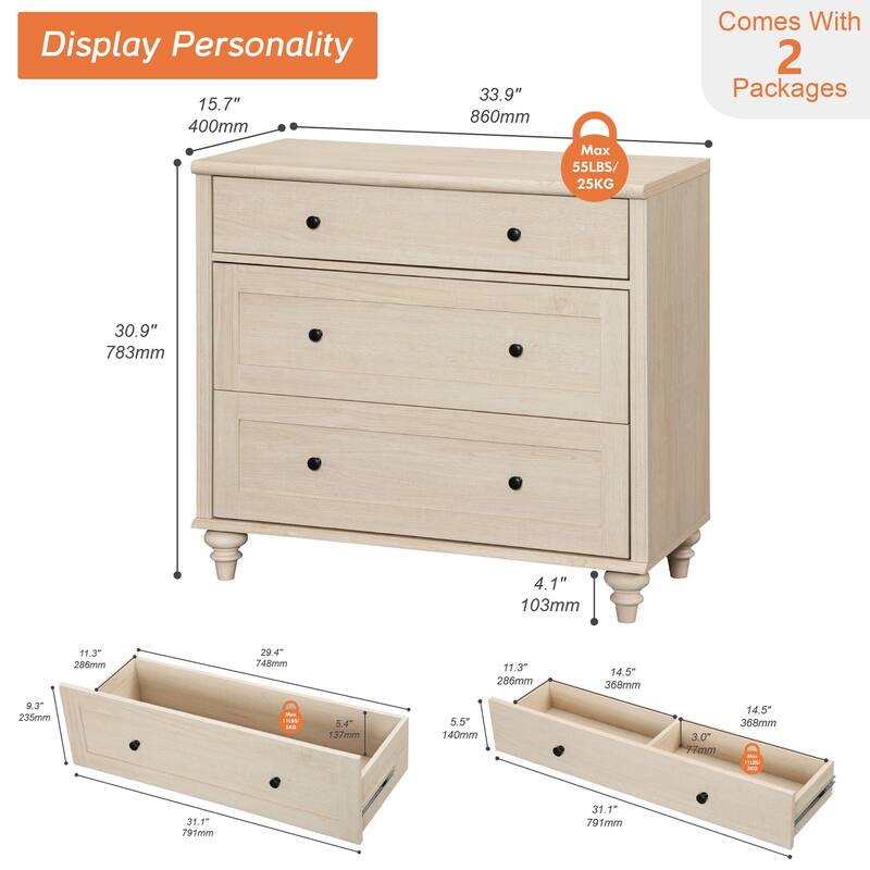 WAMPAT 3 Drawer Dresser ,Wood Storage Dresser for Bedroom