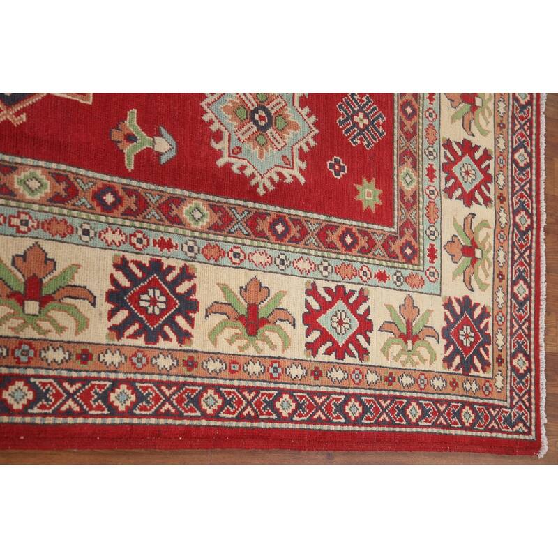 Hand Knotted Oriental 100% Wool Carpet Traditional Geometric Red Kazak Area Rug - 9' 10'' X 6' 6''