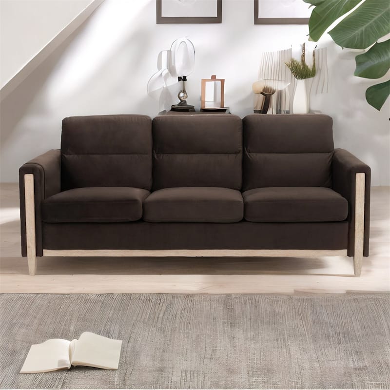 Comfortable Solid Wood Three-Seater Sofa with Soft Cushions - Caramel