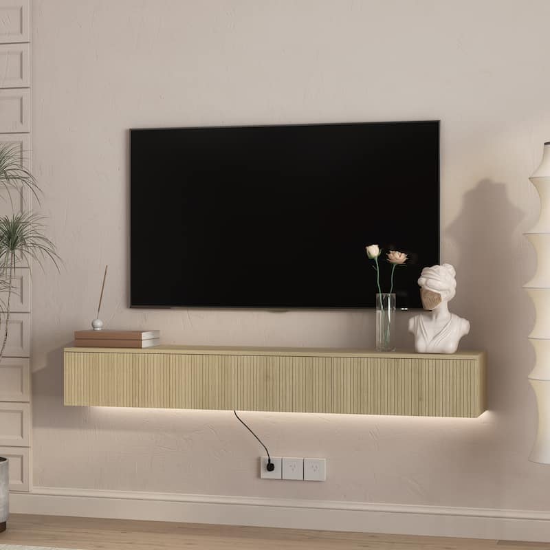 65" Floating TV Stand Wall Mounted with 16 Color LEDs, Modern Fluted TV Stand Entertainment Center for TVs Up to 65" - Natural