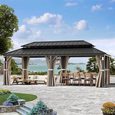 Permanent Hardtop Gazebo 12' x 24' with 4 LED Lights, Outdoor Gazebo with Galvanized Steel Double Roof,Black