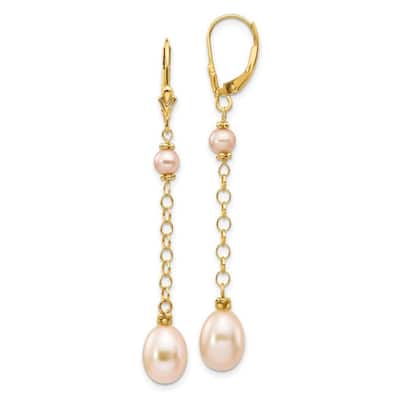 Curata 14k Yellow Gold 55x8mm Natural Color Freshwater Cultured Pearl Leverback Earrings