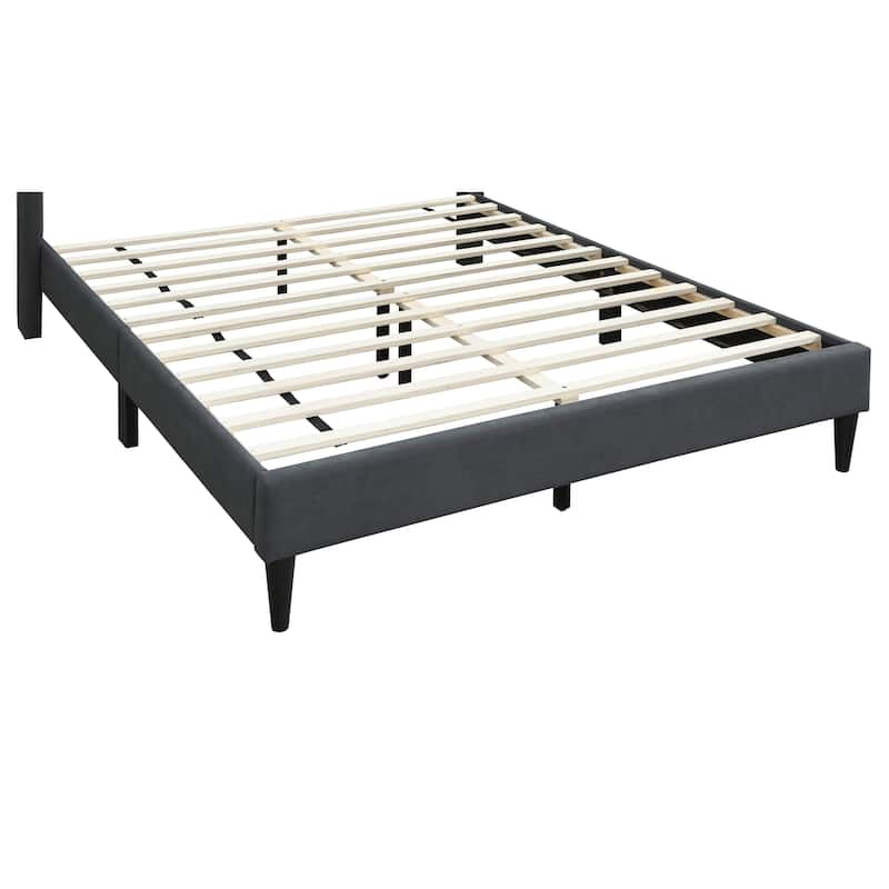 Queen Size Linen Upholstered Platform Bed with Box Stitch Headboard and Modern Platform Design