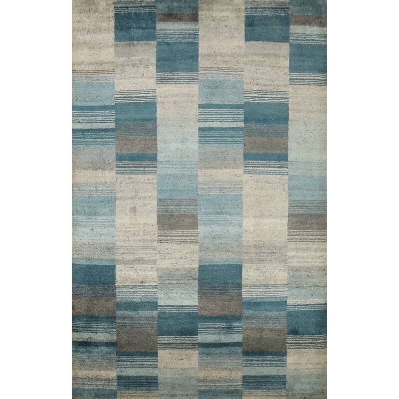 Hand Knotted Oriental 100% Wool Carpet Modern Geometric Navy Blue & Blues Gabbeh Area Rug - 7' 9'' X 5' 6''