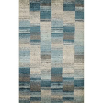 Hand Knotted Oriental 100% Wool Carpet Modern Geometric Navy Blue & Blues Gabbeh Area Rug - 7' 9'' X 5' 6''