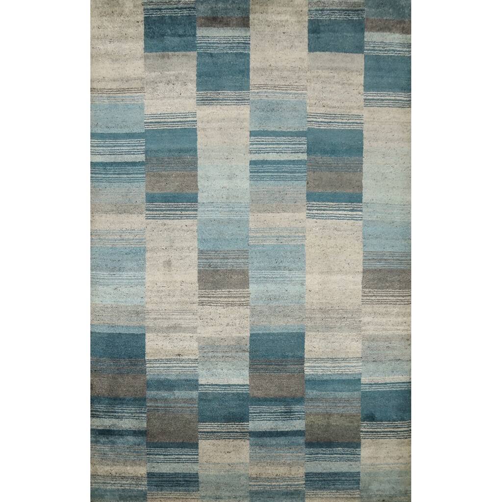 Hand Knotted Oriental 100% Wool Carpet Modern Geometric Navy Blue & Blues Gabbeh Area Rug - 7' 9'' X 5' 6''