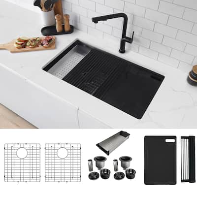 Undermount 32" Graphite B. Double Bowl Kitchen Sink Black Acc Handmade - 32" x 19' x 10"