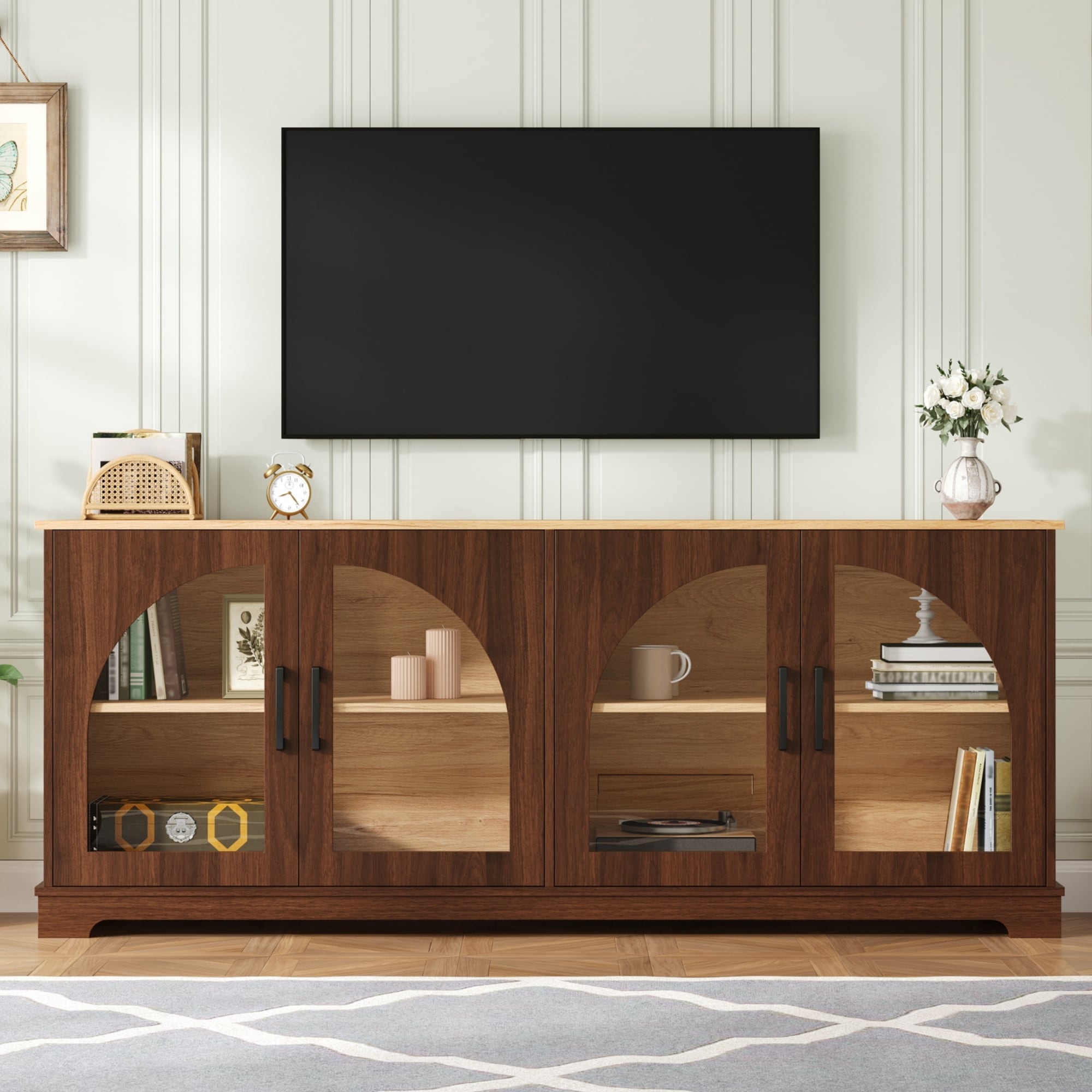 Farmhouse TV Stand for TVs up to 70" with Semi-Arched Glass Doors, Two-Tone Media Console with Adjustable Shelves