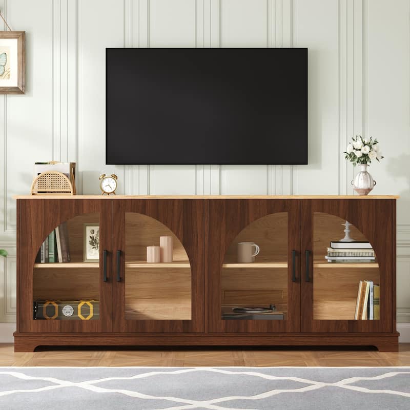 Farmhouse TV Stand with Semi-Arched Glass Doors for TVs Up to 70",Adjustable Shelves,Wood Grain Sideboard with Cable Management