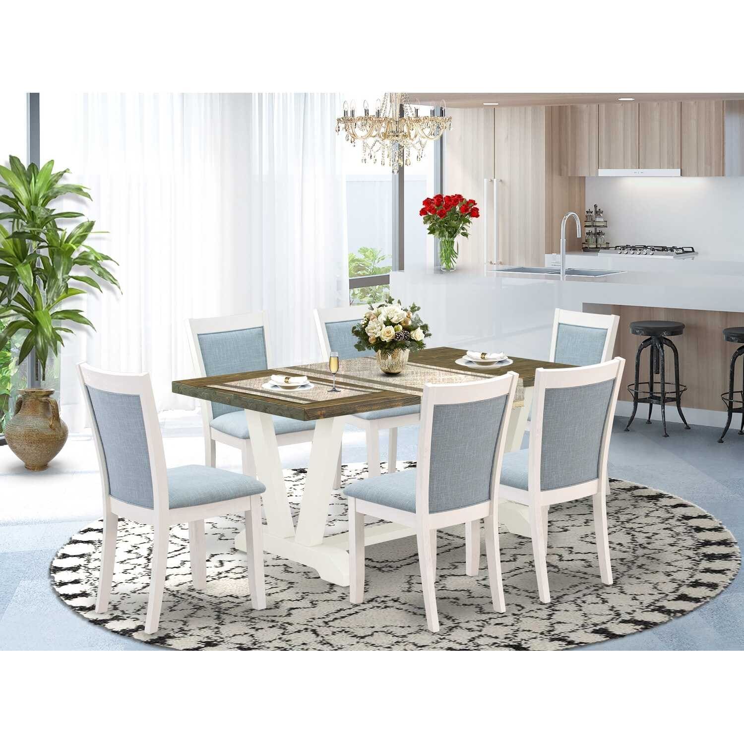 HomeStock 7-Piece Wire Brushed Linen White Finish Solid Wood Top Dining Table with 6 Chairs