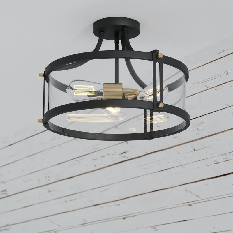 Holbrook 15.75-in W Industrial Semi Flush Mount Ceiling Light Clear Glass - Matte Black and Satin Brass - 15.75-in W x 11-in H x 15.75-in D
