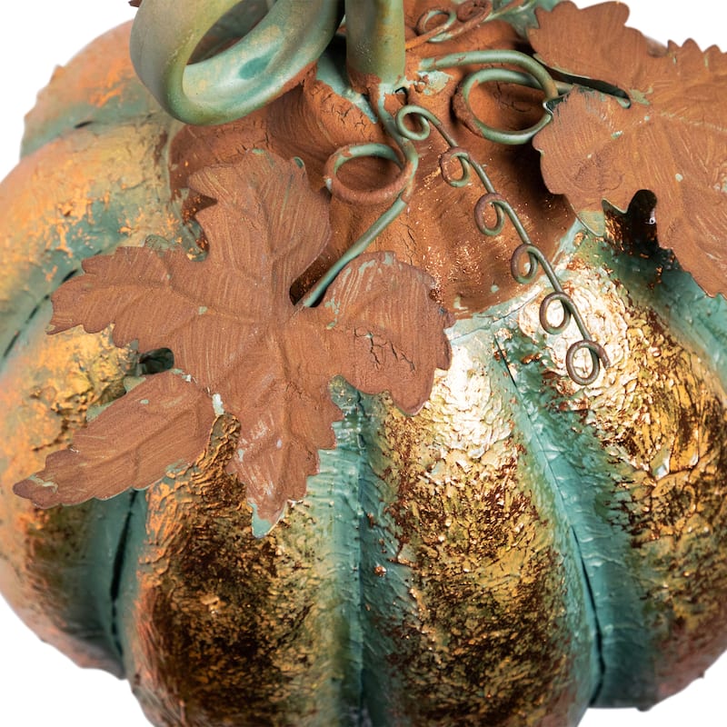 Fall Harvest Faux Copper Patina Metal Pumpkin Decoration - 13" - Bronze