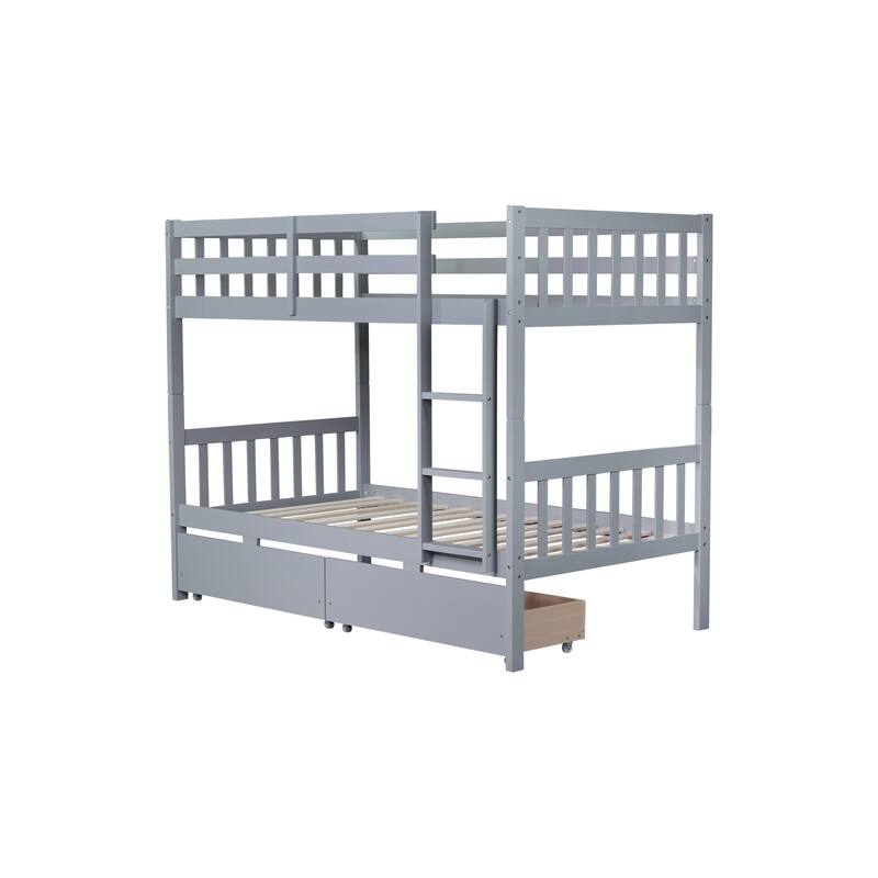 Convertible Twin Bunk Bed with 2 Drawers, Safety Guardrails, and Ladder, Grey