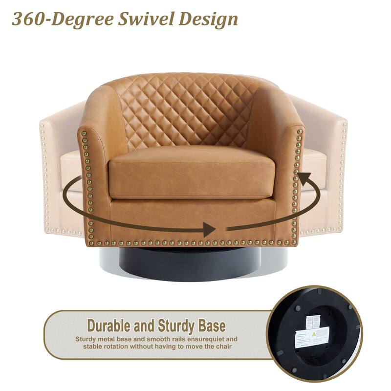 Tufted PU Vegan Leather Swivel Barrel Chair with Nailheads Trim