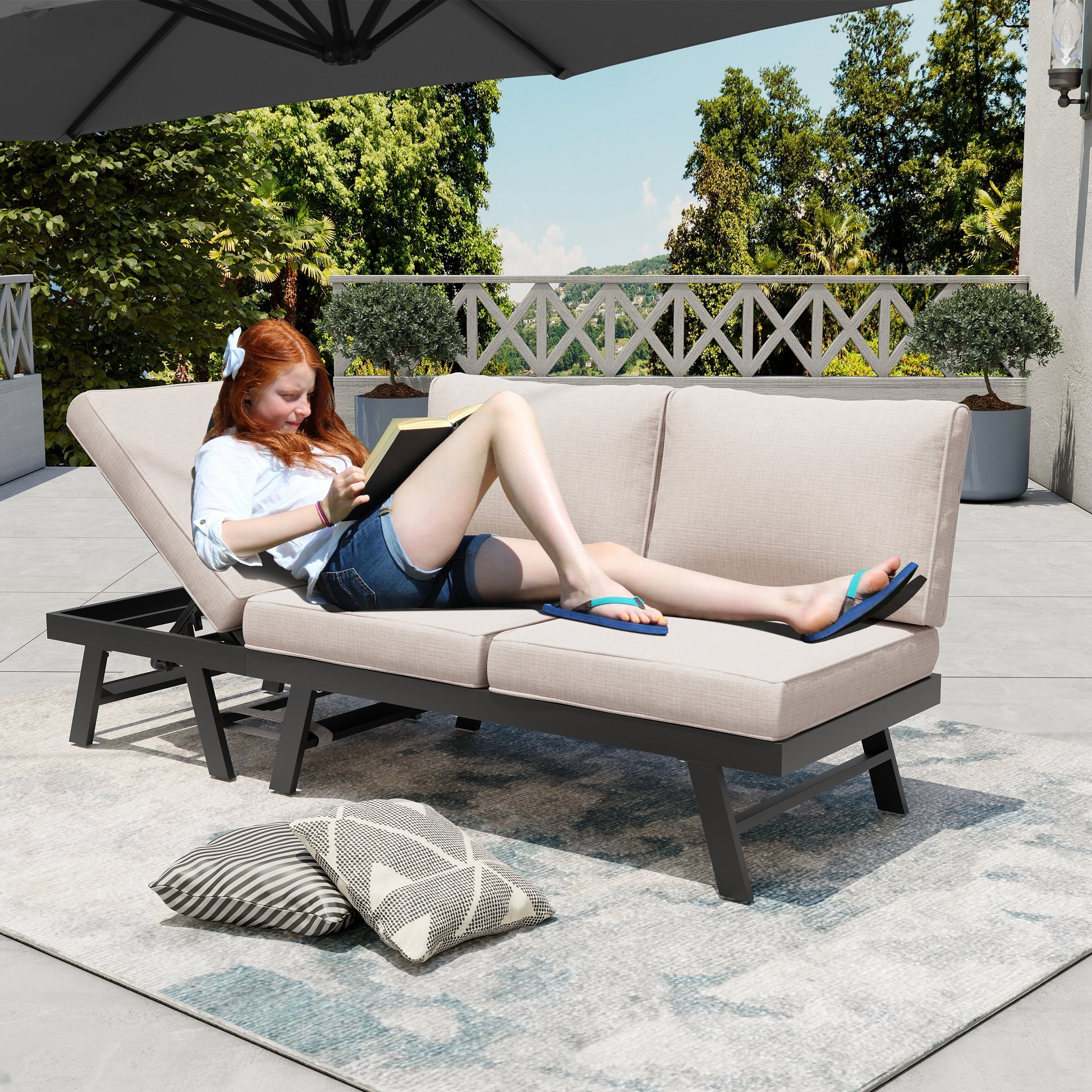 Outdoor Patio Convertible Sofa Daybed with Adjustable Back Cushioned Chaise Lounge Bench