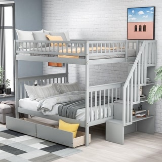 Full over Full Bunk Bed with 2-Drawers, Storage Shelves, High Guardrail and Inclined Handrails for Safety and Convenience, Grey