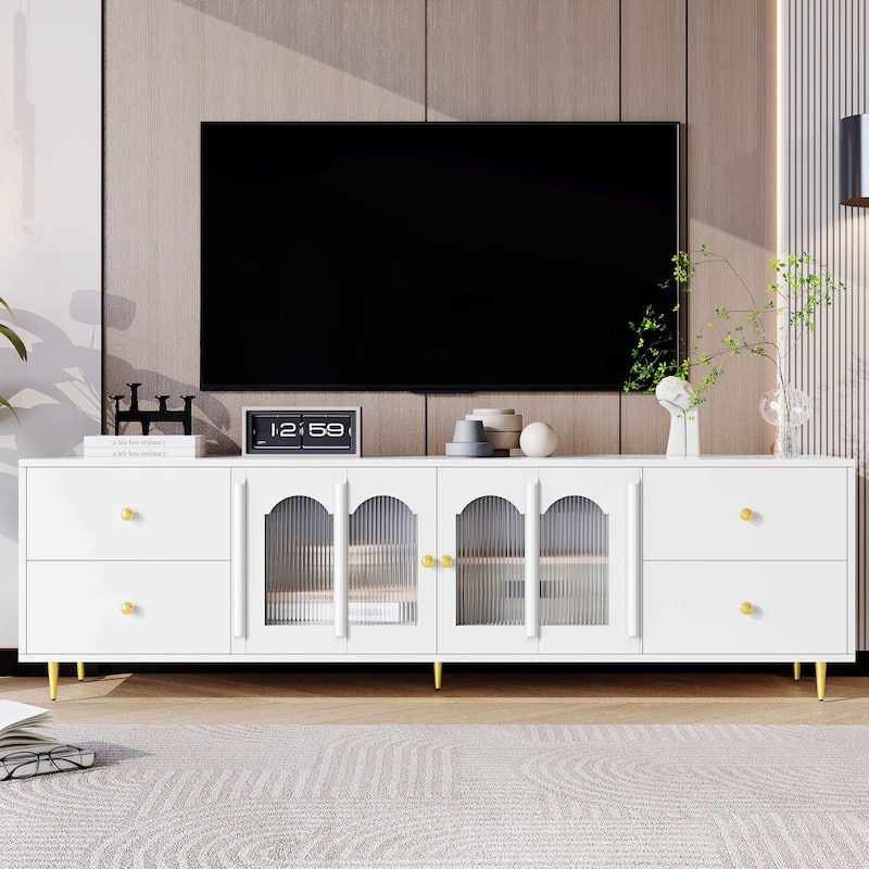 70.9" Glass Door TV Stand with Round Handle, Media Storage TV Console Table with 4 Drawers, 2 Cabinets for TVs up to 75''