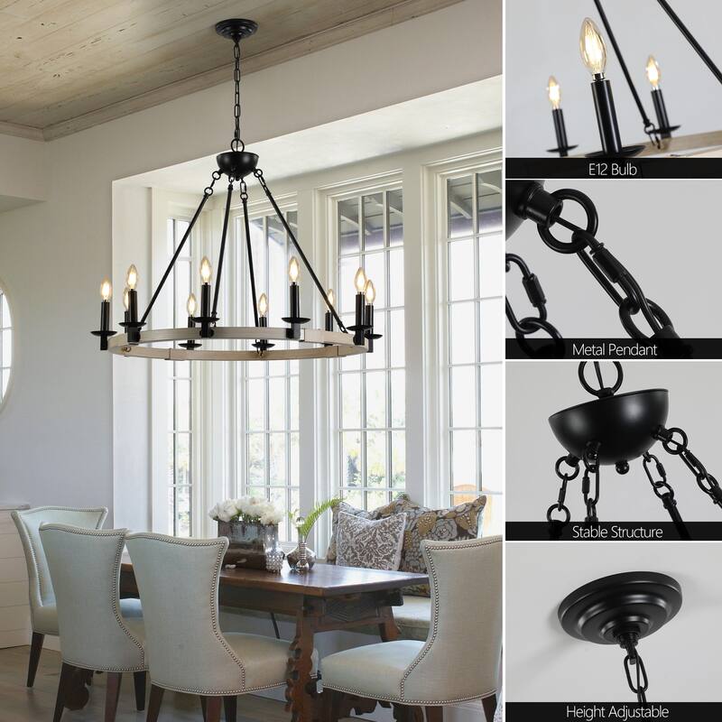 Farmhouse 10-Light Candle Chandelier, Black Metal and Wood Round Hanging Light, Adjustable Height, for Dining Room or Kitchen