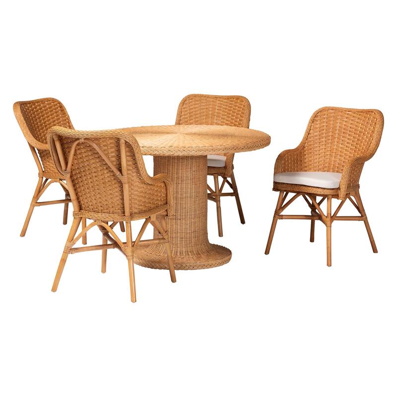 Wistan 5-Piece Rattan Dining Set - Round Wicker Table with Pedestal Base and 4 Armchairs, Woven Boho Coastal Style for Dining - Light Honey