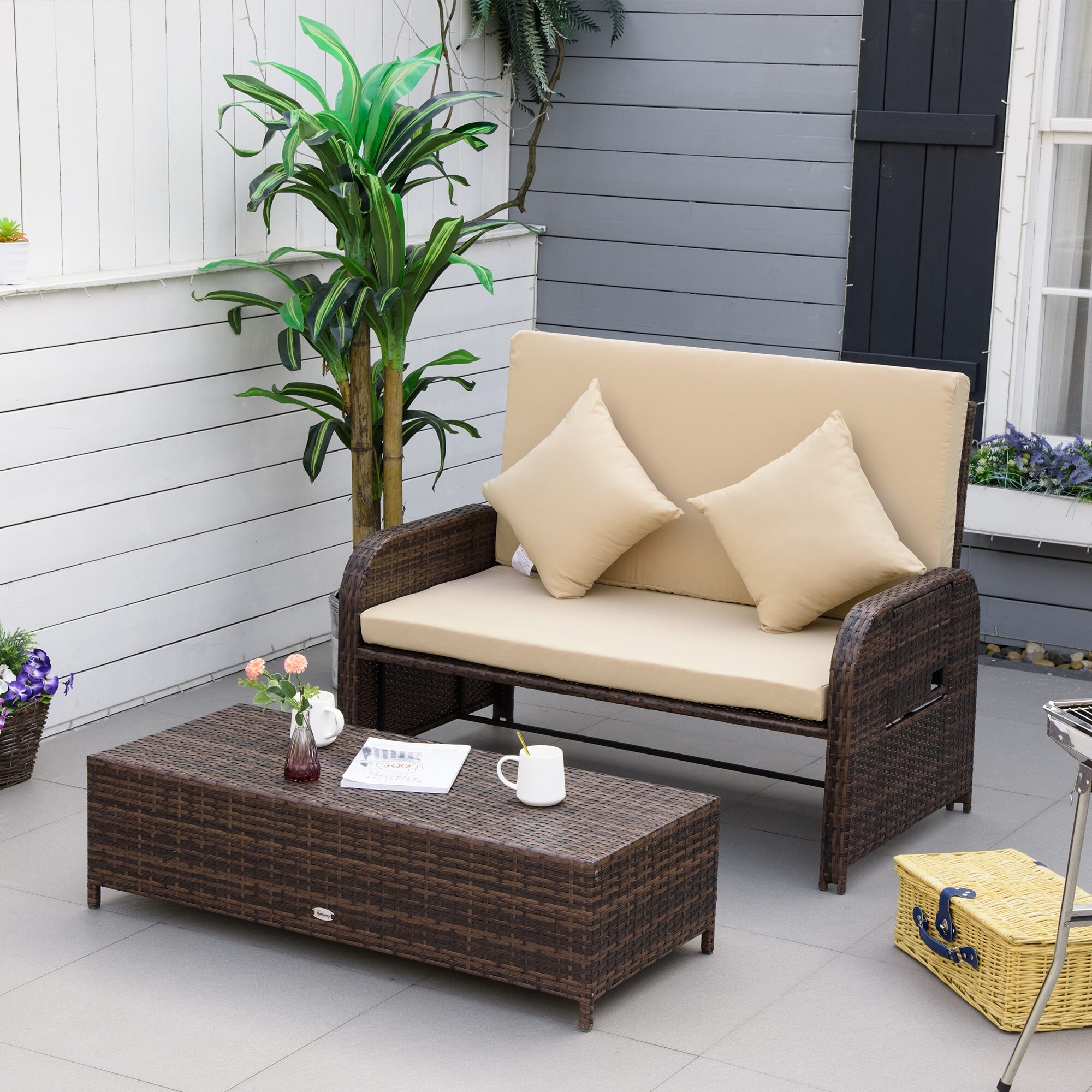 Outsunny Patio Wicker Loveseat Sofa Set Outdoor PE Rattan Garden Sun Lounger w Storage Ottoman Side Tables Drink Trays