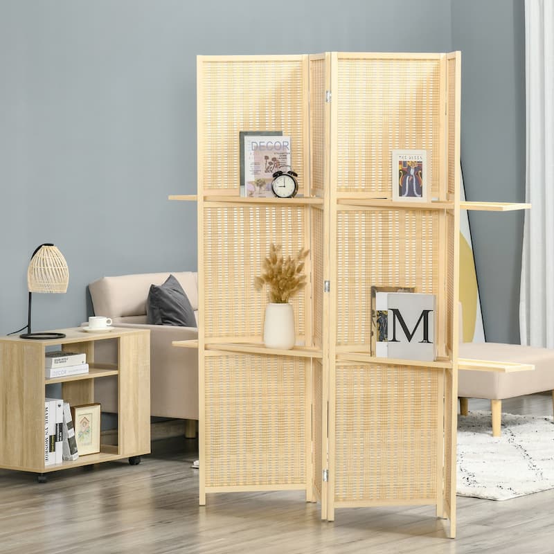 Versatile 4-Panel Folding Room Divider with Storage Shelves for Enhanced Organization and Aesthetic Appeal - Natural
