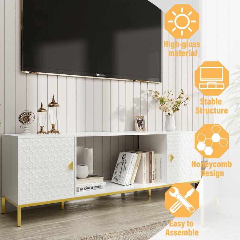 Modern Wood Media Console TV Stand for TVs up to 70", Entertainment Center Console with Cabinet Storage & Open Shelves