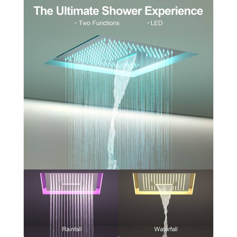 GRANDJOY LUXURY 16 inch Ceiling Mount Rainfall Waterfall Shower Head LED Temperature Display Body Jets Shower System