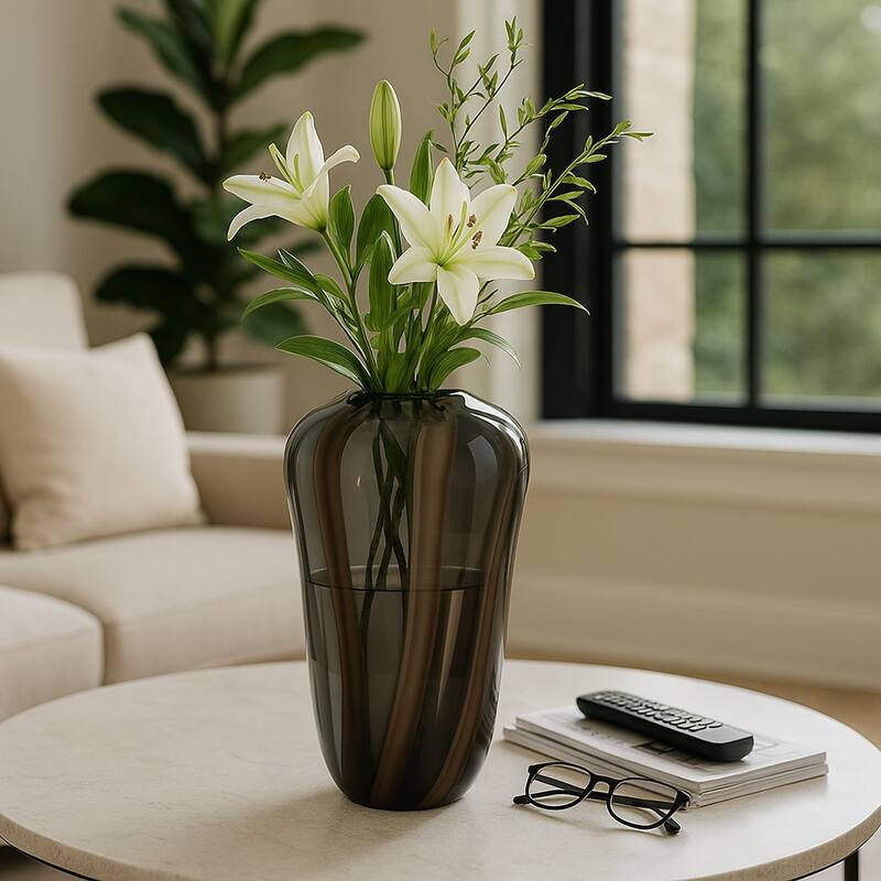 Glass Modern Striped Decorative Vase - Brown