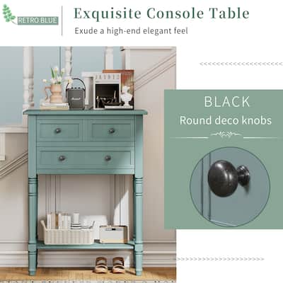 With three storage drawers and shelf console