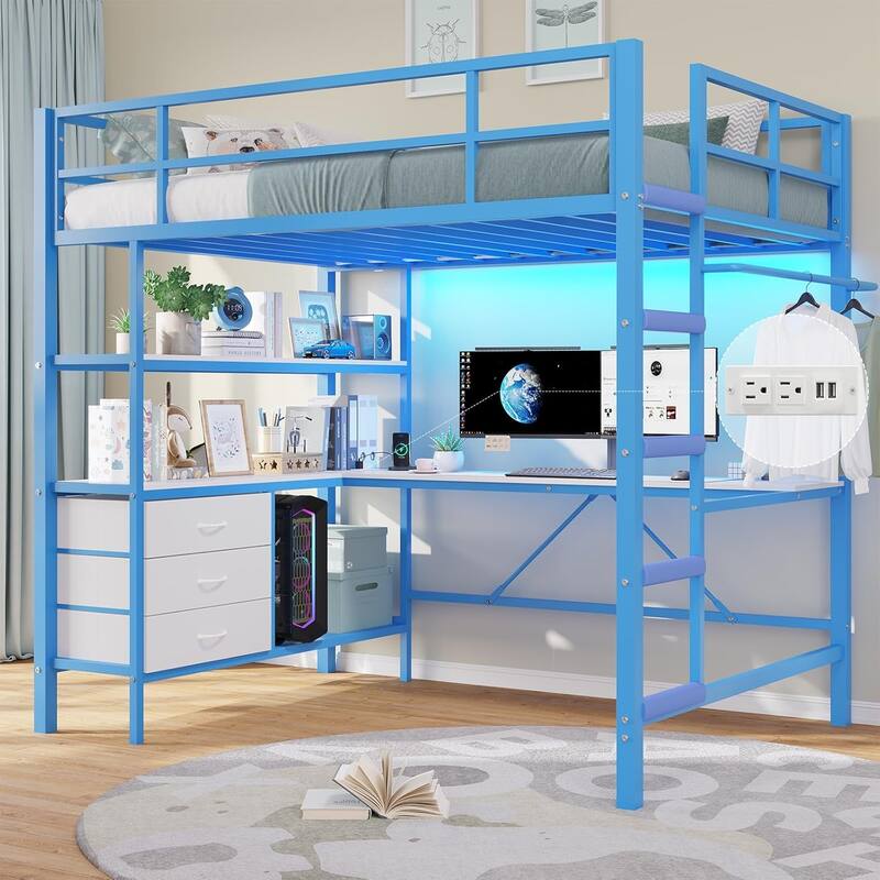Loft Bed with L-Shaped Desk Charging Station Metal LED Lights 3 Fabric Drawers - Blue - Twin