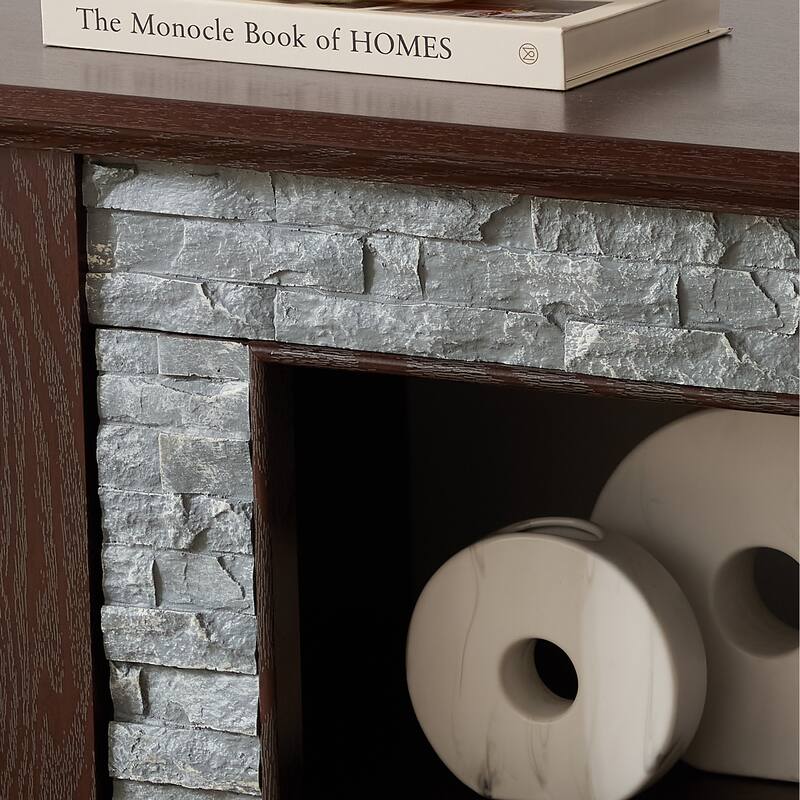 GDFStudio Alice Wood 70" TV Stand with Faux Stone Surround and 2 Door Storage